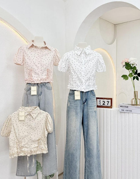 Polka Dot Collar Down Crop Tops